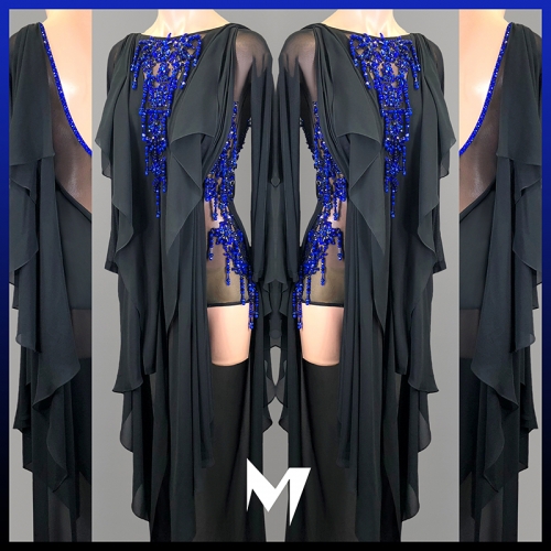 [SOLD] Cobalt Embellished Black Chiffon Drape Dress #L013